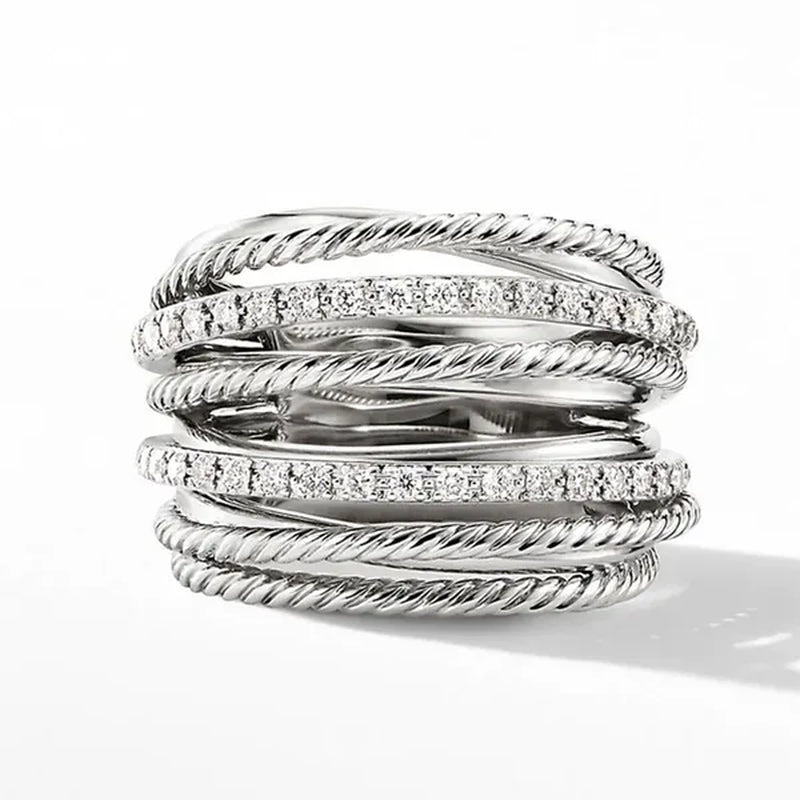 Luxury Fashion Exquisite 925 Sterling Silver Multilayer Cross Dazzling White Crystal Hollow Design Ring Women Engagement Wedding Diamond Rings Jewelry Gift