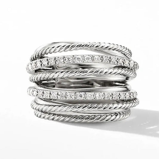 Luxury Fashion Exquisite 925 Sterling Silver Multilayer Cross Dazzling White Crystal Hollow Design Ring Women Engagement Wedding Diamond Rings Jewelry Gift