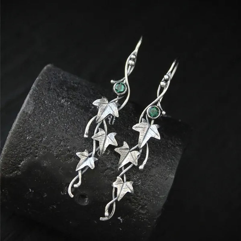 Retro 925 Sterling Silver Natural Gemstone Leaf Ivy and Elf Earrings for Women Charm Emerald & Sapphire & Ruby & Amethyst Dangle Earring Fashion Wedding Engagement Hoop Earring