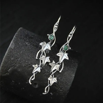 Retro 925 Sterling Silver Natural Gemstone Leaf Ivy and Elf Earrings for Women Charm Emerald & Sapphire & Ruby & Amethyst Dangle Earring Fashion Wedding Engagement Hoop Earring