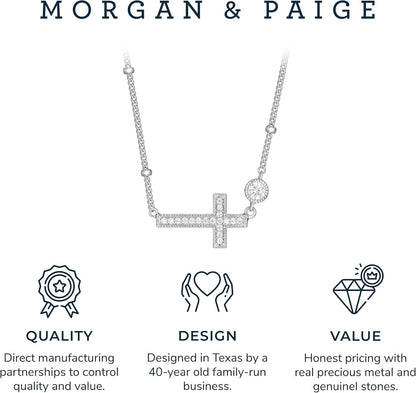 .925 Sterling Silver Rhodium Plated Cubic Zirconia Sideways Cross Sterling Silver Necklace for Women - Faith Dainty Jewelry Choker Cross Necklace for Women, Adjustable Chain 16 Inch