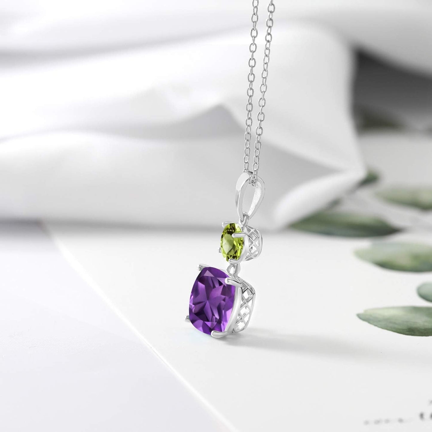 925 Sterling Silver Purple Amethyst and Green Peridot Pendant Necklace for Women (4.00 Cttw, Gemstone February Birthstone, Cushion 10MM, round 6MM)