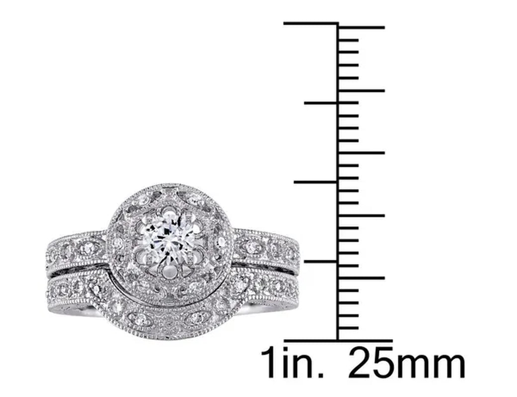 1/3 Carat (ctw) Lab-Created White Sapphire Bridal Engagement Ring and Wedding Band Set with Diamonds in Sterling Silver