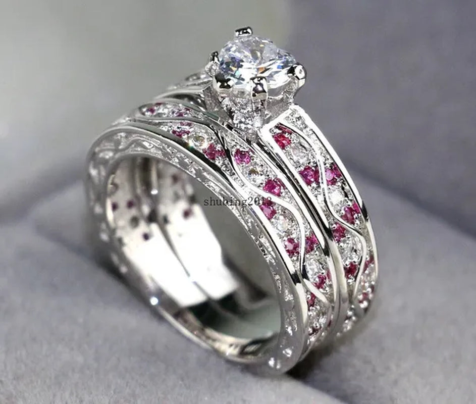 TWO RINGS Sz6-12 Couple Rings His Hers Ruby Heart Shape Cz Womens Ring Tungsten Steel Ring - WORLD TIME VISITS