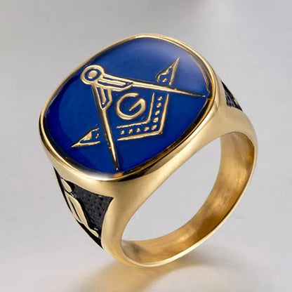 Gold BlueTitanium Steel Freemason Masonic Ring For Men Hip Hop Jewelry Religious Freemasonry Classics Rings Gold