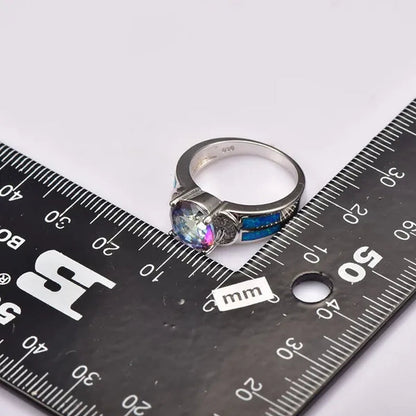 Blue Rainbow Topaz Gemstone Blue Fire Opal 925 Sterling Silver Ring Size 6 7 8 9 10
