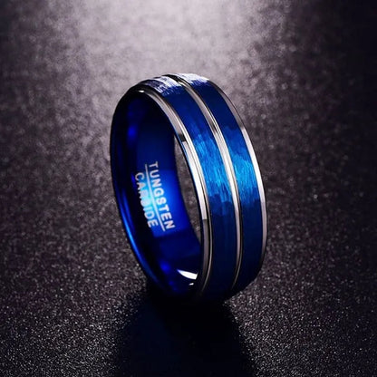 NEW 8Mm Polished Grooved Tungsten Steel Rings Blue Brushed Hammered Step Edge Jewelry for Men Wedding Band