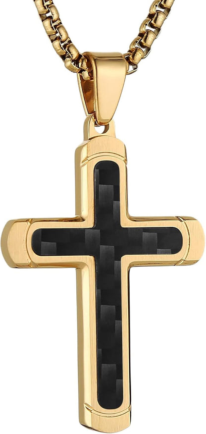 Inlaid Carbon Fiber Cross Pendant for Men High Polished Stainless Steel Cross Pendant Christian Faith Jewelry Gift