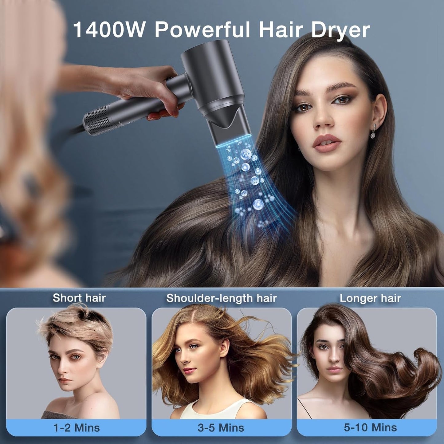 Hair Dryer, 150,000 RPM Motor Negative Ionic Hairdryer with Diffuser, 1400W High-Speed Hair Dryer for Fast Drying, 5 Temps/3 Speeds Lightweight Blow Dryer for Home Travel Women Man