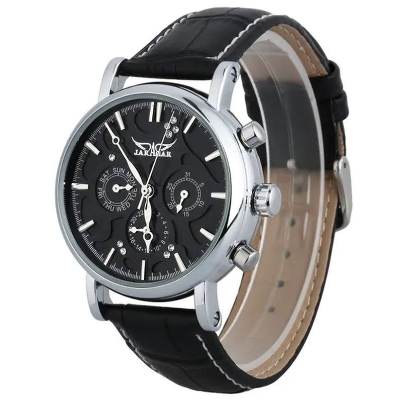 JARAGAR Automatic Mechanical Genuine Leather Strap Wrist Watch Luxury Gift for Men Fashion White Crystal Diamond Jewelry Accessories