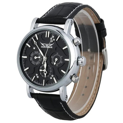 JARAGAR Automatic Mechanical Genuine Leather Strap Wrist Watch Luxury Gift for Men Fashion White Crystal Diamond Jewelry Accessories