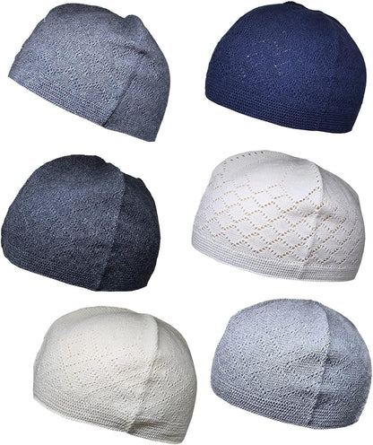Pack 6 Colors Muslim Beanie Prayer Cap Amn-334 Islam Kufi Hat Knit Crochet Taqiyah Takke Skull Topi Headware Eid Ramadan Gift