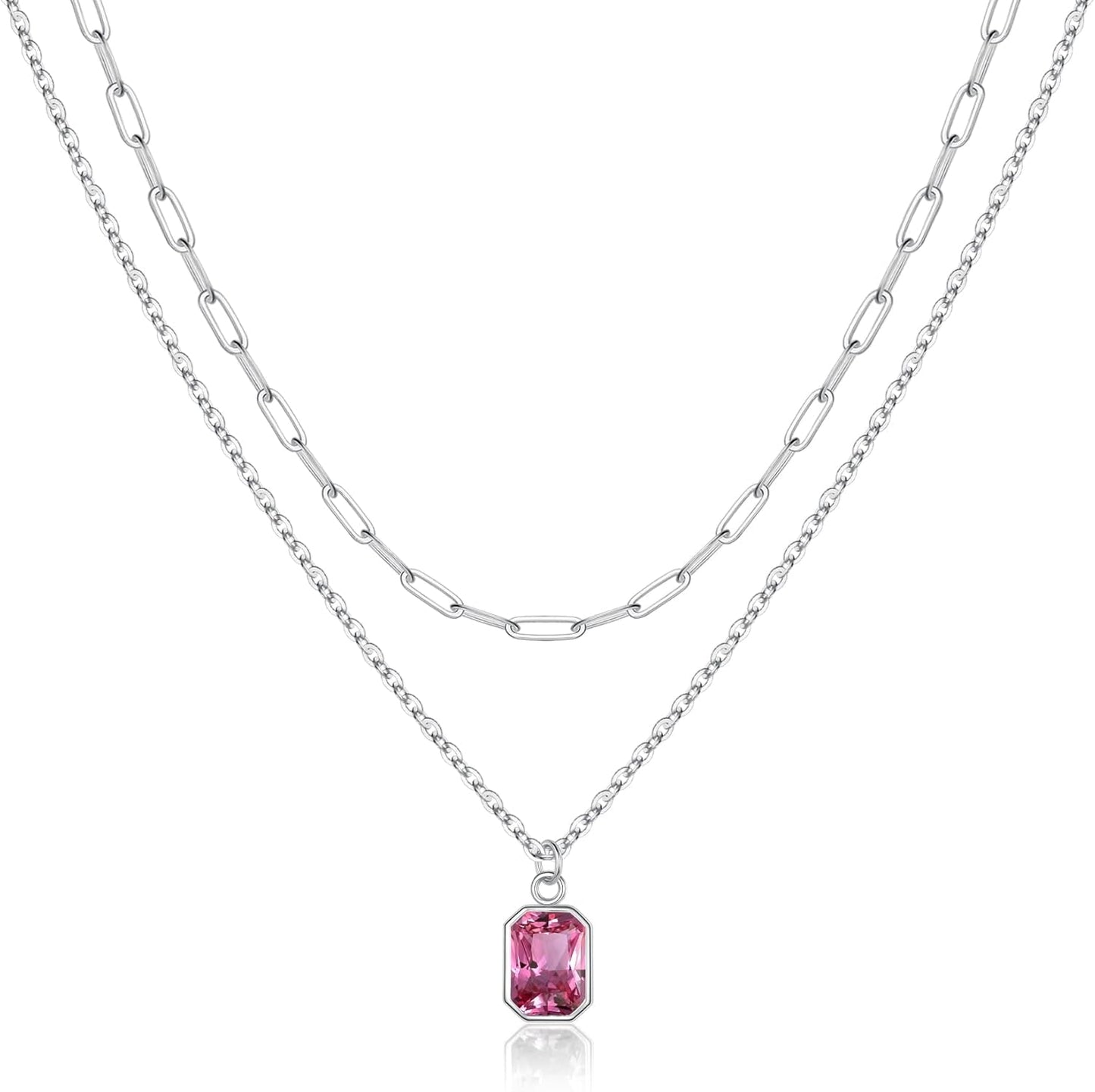 Layered Birthstone Necklace for Women Girls, Gold Silver Rose Gold Plated Layered Paperclip Chain Choker Necklace with Rectangle Birthstone Pendant Birthday Gifts for Women Girls Jewelry