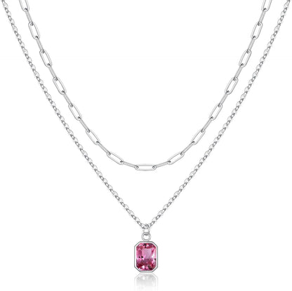 Layered Birthstone Necklace for Women Girls, Gold Silver Rose Gold Plated Layered Paperclip Chain Choker Necklace with Rectangle Birthstone Pendant Birthday Gifts for Women Girls Jewelry
