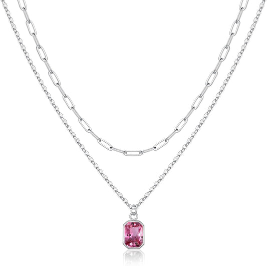 Layered Birthstone Necklace for Women Girls, Gold Silver Rose Gold Plated Layered Paperclip Chain Choker Necklace with Rectangle Birthstone Pendant Birthday Gifts for Women Girls Jewelry