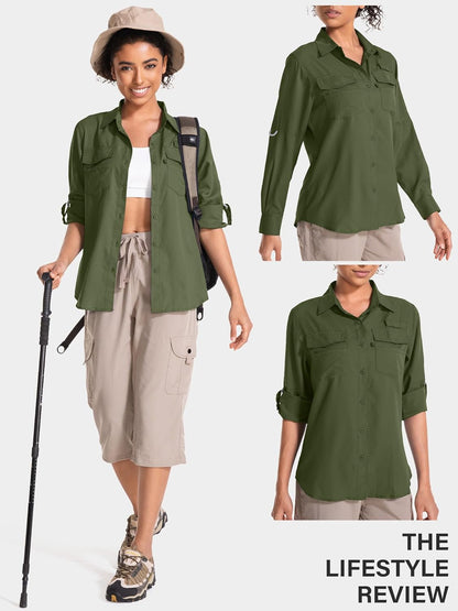 Women'S UPF 50 UV Sun Protection Long Sleeve Safari Shirts Quick Dry Hiking Travel Fishing Outdoor Cool Shirts