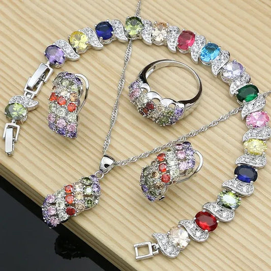 Silver 925 Gemstones Jewelry Sets for Women Ring Earrings Necklace Sapphire Ruby Amethyst Female Wedding Wholesale - WORLD TIME VISITS