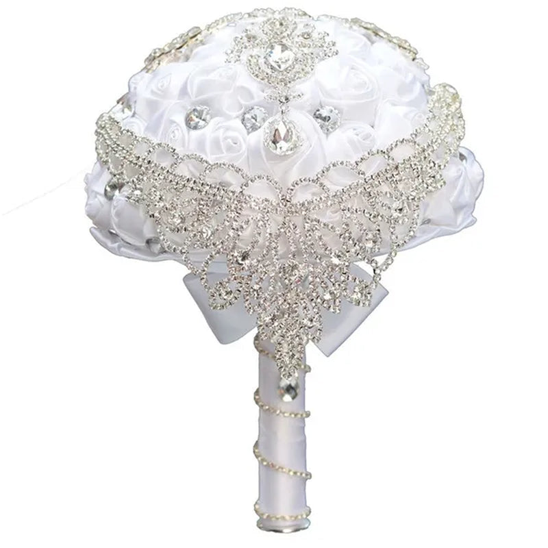 Creative Design Shiny Rhinestone Tassel Bridal Bouquet Artificial White Silk Rose Wedding Flower Bouquet Crystal Brooch Ribbon Bridesmaid Bouquet 3 Size Optional