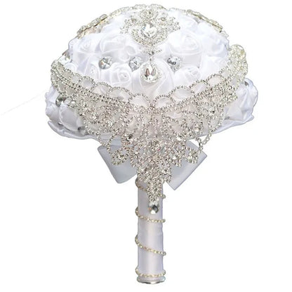 Creative Design Shiny Rhinestone Tassel Bridal Bouquet Artificial White Silk Rose Wedding Flower Bouquet Crystal Brooch Ribbon Bridesmaid Bouquet 3 Size Optional