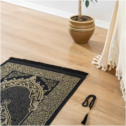 Muslim Prayer Rug with Tasbih - Prayer Mat - Islamic Gifts Set - Prayer Matt Islam - Travel Prayer Mat - Islamıc Prayer Rug - Portable Prayer Mat - Muslim Gifts for Women Men (Black)
