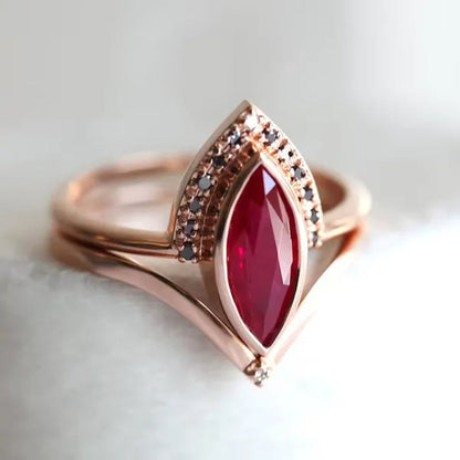Unique Natural Rhombus 2 in 1 Ruby Engagement  Rose Gold Ring Marquise Bridal  Wedding Ring With Black Diamonds Women Ruby Ring Diamond Fine Jewelry