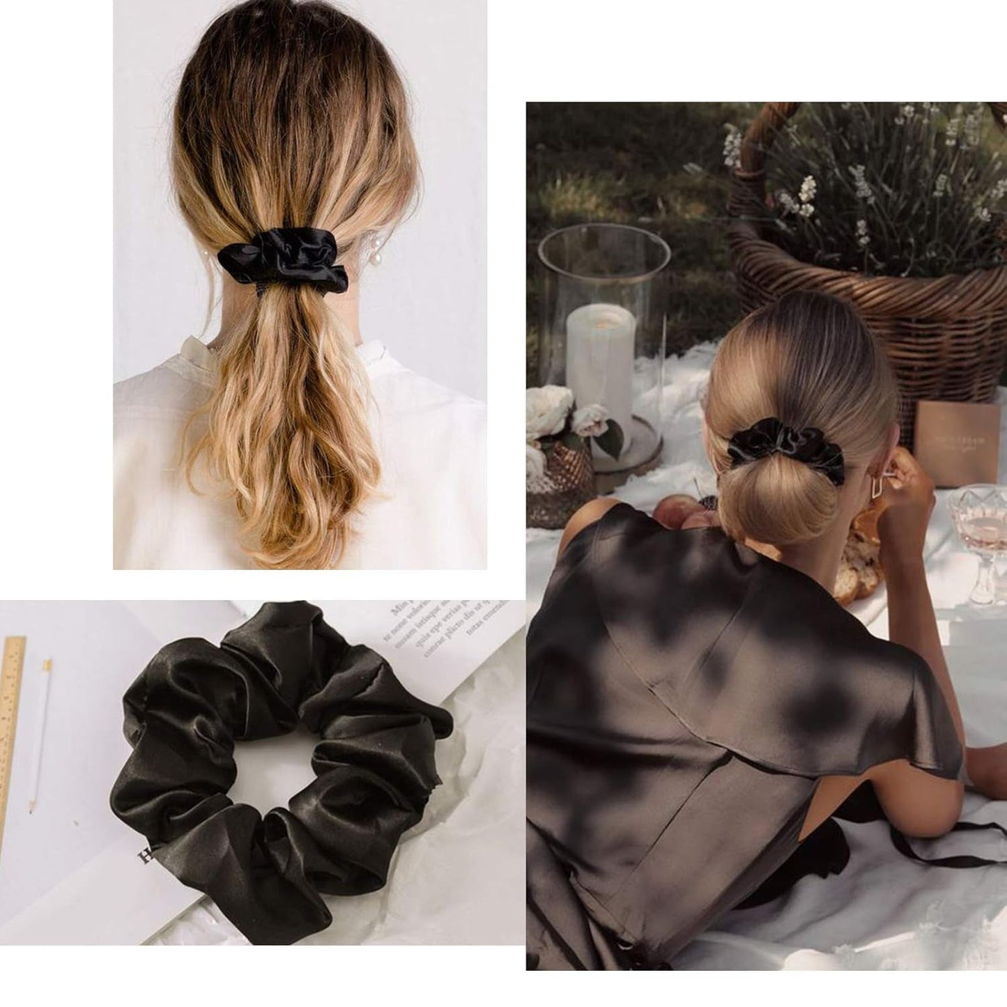 100% Mulberry Silk-Scrunchies for Hair Sleep, Women Grils Silk Hair Ties for Frizz & Breakage Curly Hair, No Damage, Elastics Ponytail Holder, 3 Pack