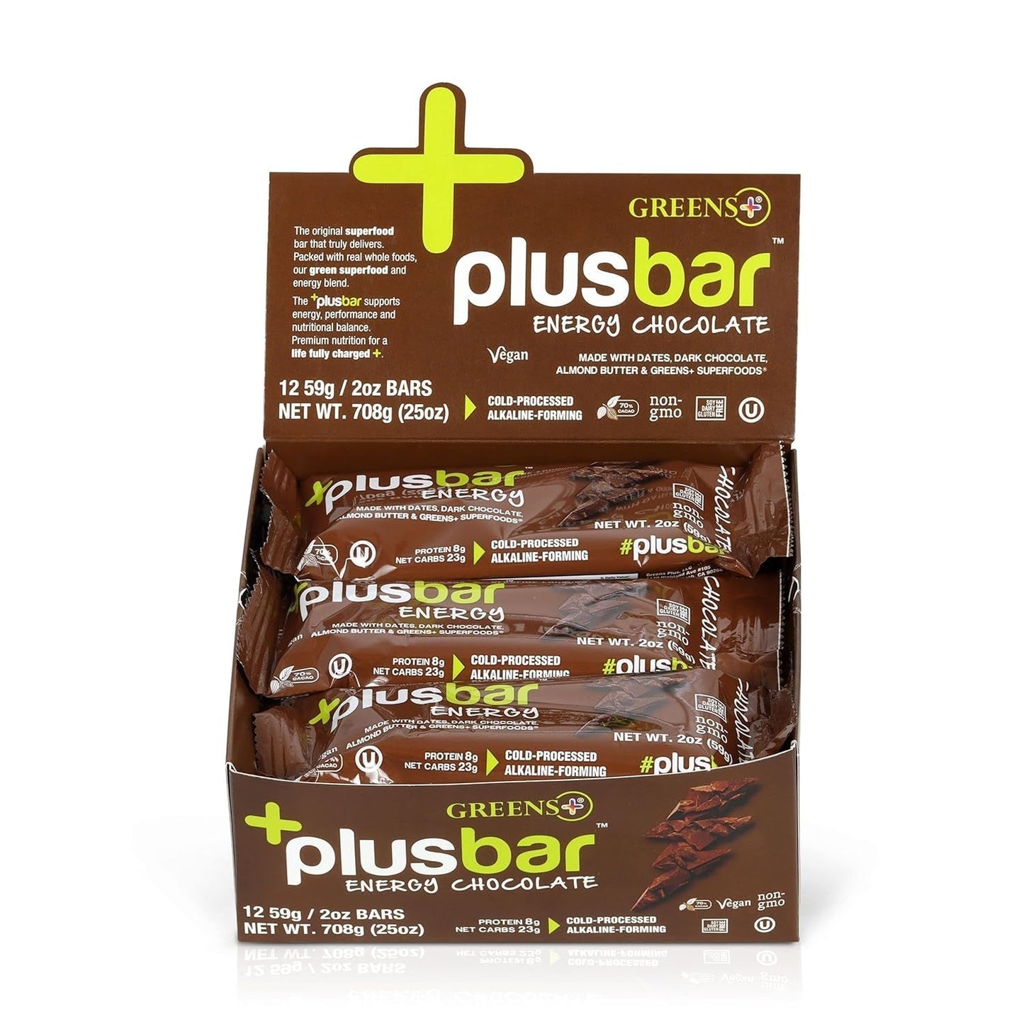 Plusbar Energy Bars, Chocolate, Gluten Free Healthy Snacks with Organic Super Greens, Superfoods & Dark Chocolate, Vegan, Dairy Free & Non GMO, 8G Protein Meal Replacement Bars, 12 Bars - WORLD TIME VISITS
