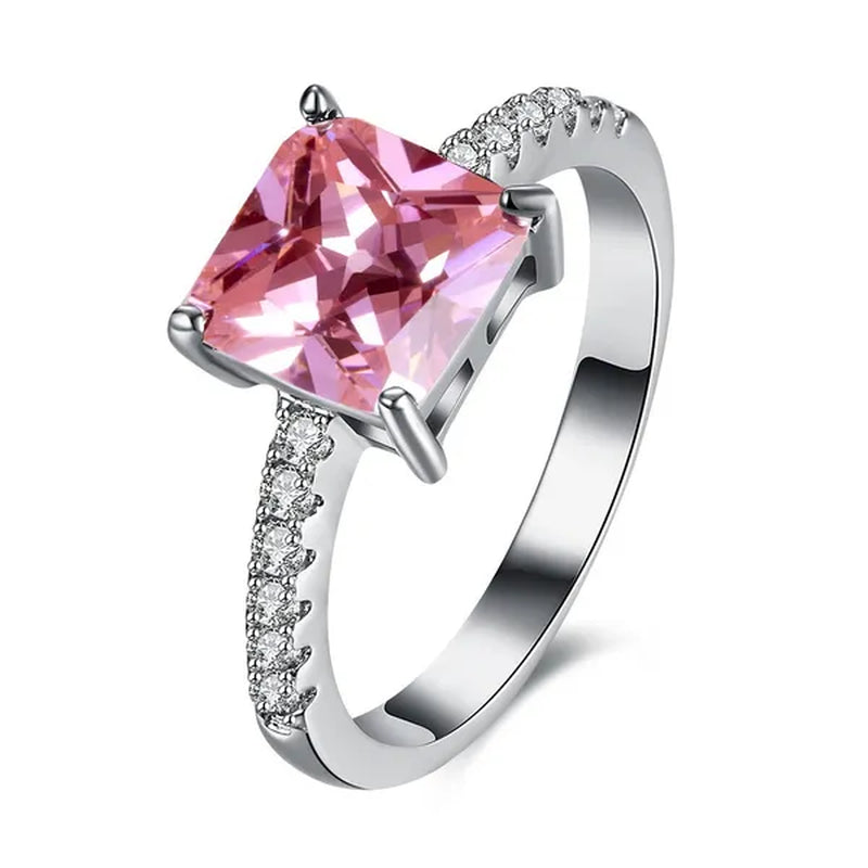 Women 18K White Gold Plated Square Rainbow Sapphire Crystal Wedding Ring Bridal Jewelry