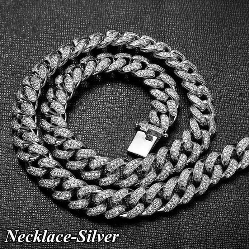 Gold/Silver Stainless Steel Hip Hop Jewelry Iced Out Rhinestone Thick Miami Cuban Link Chain Necklace Bracelet 7-28 Inch