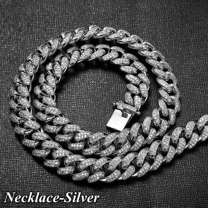 Gold/Silver Stainless Steel Hip Hop Jewelry Iced Out Rhinestone Thick Miami Cuban Link Chain Necklace Bracelet 7-28 Inch