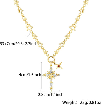 Elegant Gold-Tone Cross Necklace for Women - Lightweight Religious Jewelry with a Classic Touch - Adjustable 66Cm Chain