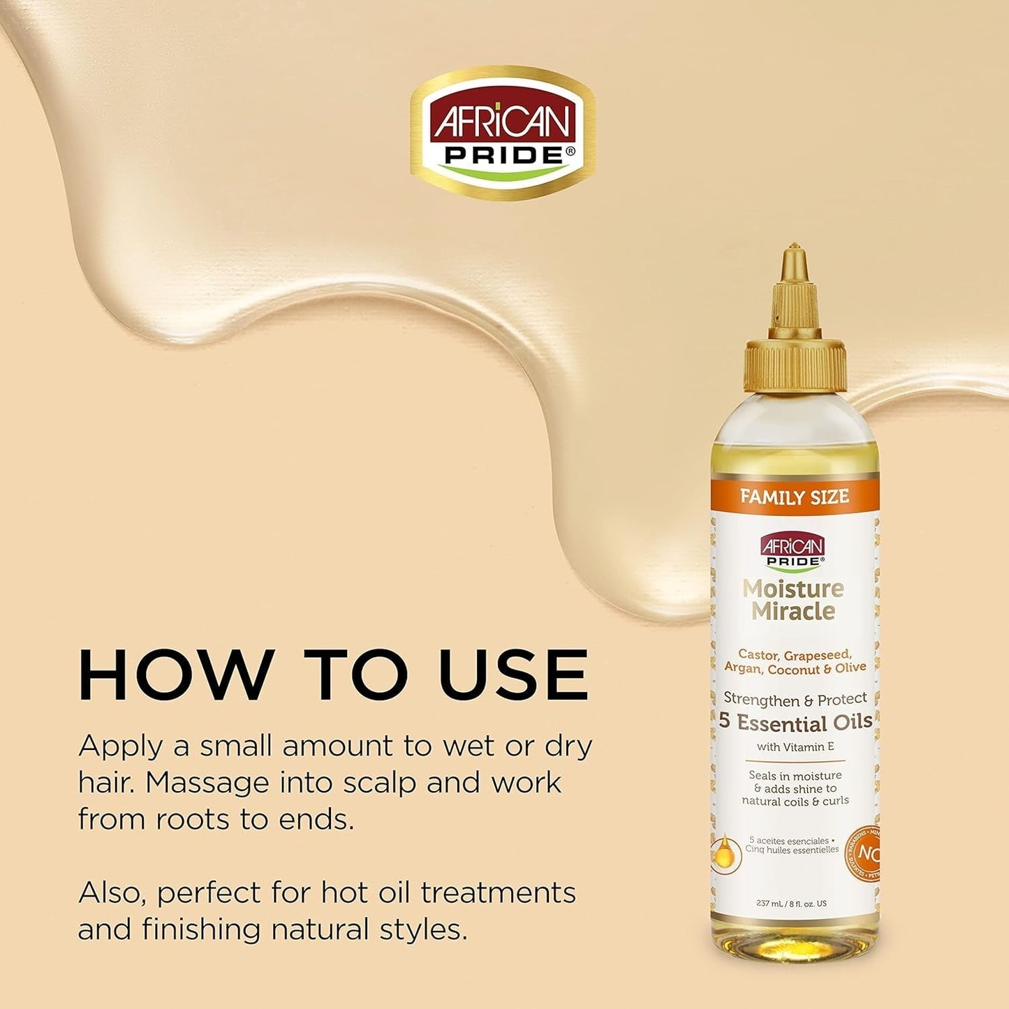 Moisture Miracle 5 Essential Hair Oils - Contains Castor, Grapeseed, Argan, Coconut & Olive Oil, Seals in Moisture & Adds Shine to Hair, Vitamin E, 8 Oz