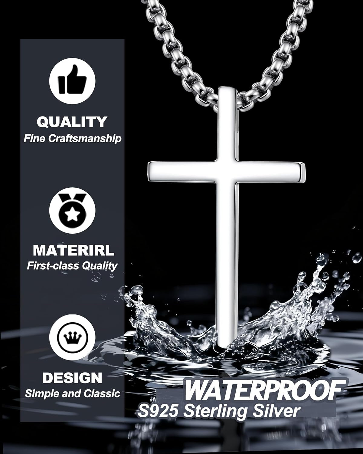 S925 Sterling Silver Cross Necklace for Men Solid Sterling Silver Cross Pendant Necklace Boys Mens Cross Necklace Jewelry Gifts with Box & Card Birthday Anniversary Christmas Father'S Day