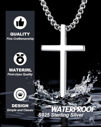 S925 Sterling Silver Cross Necklace for Men Solid Sterling Silver Cross Pendant Necklace Boys Mens Cross Necklace Jewelry Gifts with Box & Card Birthday Anniversary Christmas Father'S Day