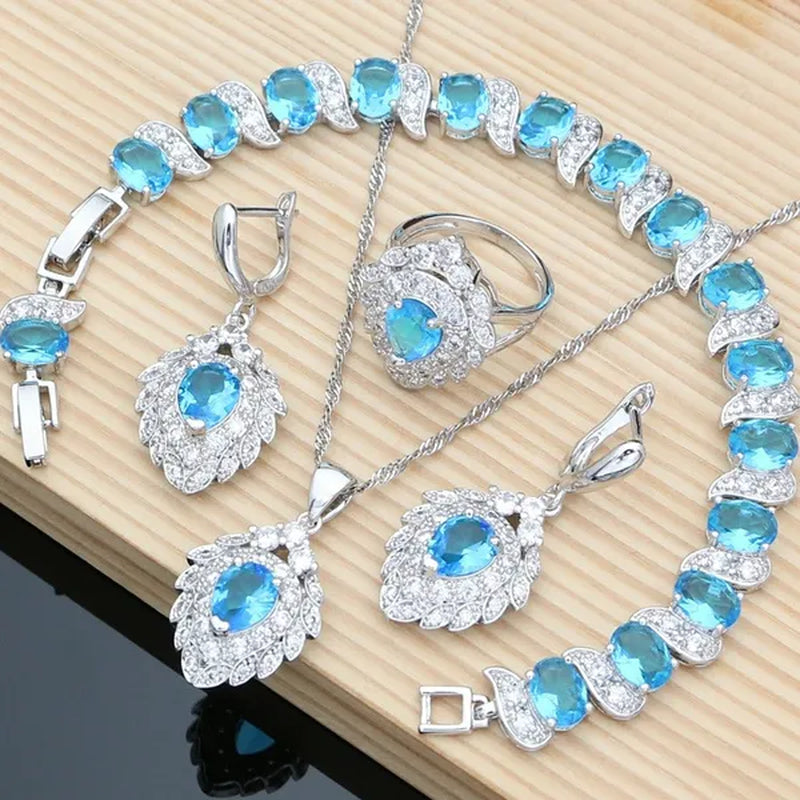 5 Colors Jewelry Set for Women Blue Sapphire Gemstone 925 Silver Jewelry Sets Drop Earrings for Wedding Women Gift
