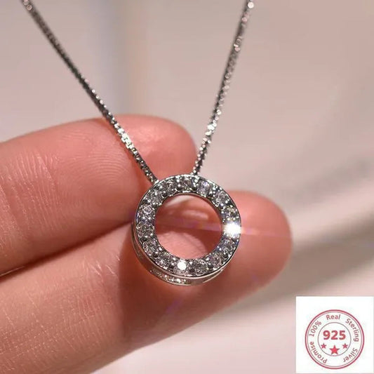 925 Sterling Silver Diamond Circle Rings Pendant Necklace for Women Daily Casual Fashion Accessories