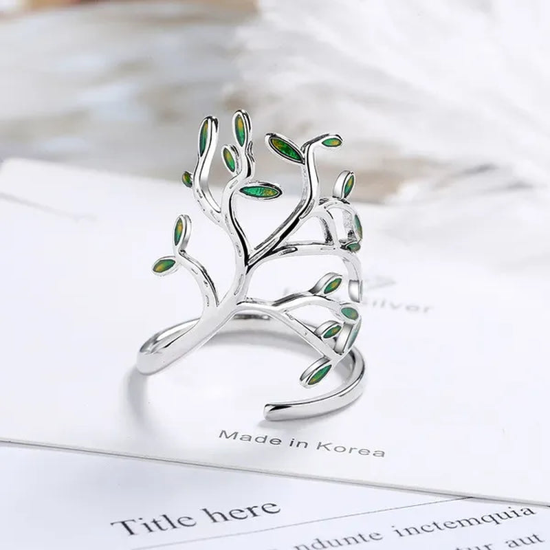925 Sterling Silver Tree of Life Green Tree Leaves Adjustable Finger Rings for Women Sterling Silver Jewelry Wedding Party Gift - WORLD TIME VISITS