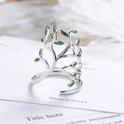925 Sterling Silver Tree of Life Green Tree Leaves Adjustable Finger Rings for Women Sterling Silver Jewelry Wedding Party Gift - WORLD TIME VISITS