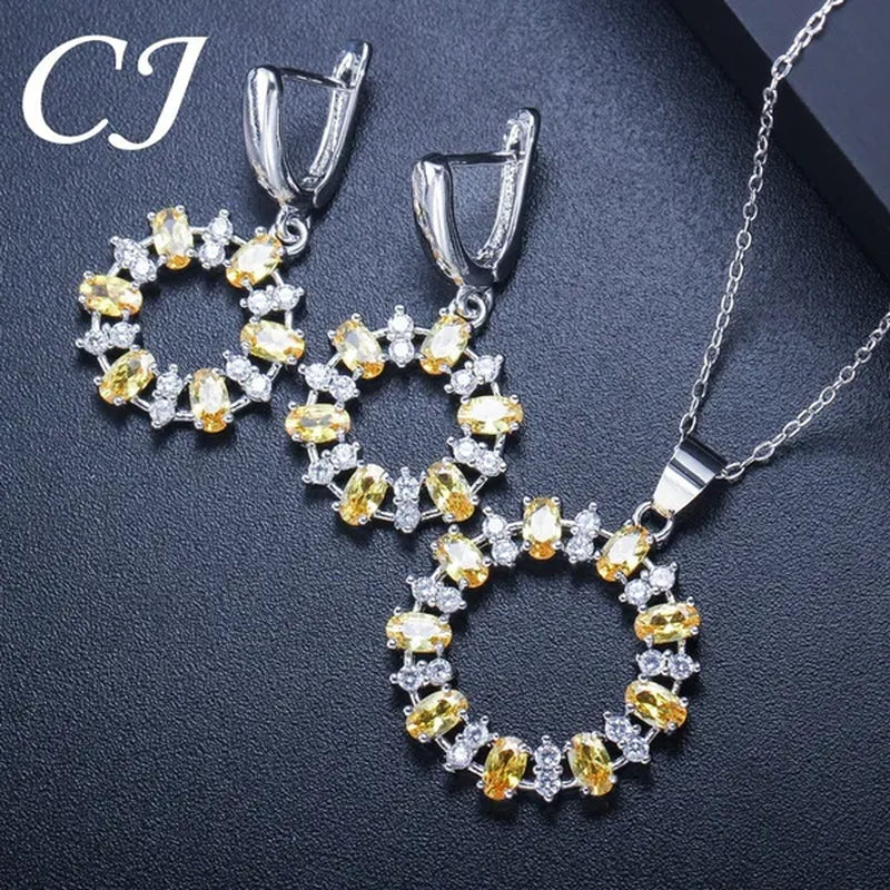CANDICE Oval Yellow Platinum Plated Costume Party Jewelry Set Fashion Hollow Out Round Dangle Necklace Hoop Earrings with Silver Plated for Women Accessories - WORLD TIME VISITS