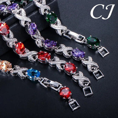 CANDICE Trendy White Gold Plated X Design Tennis Bracelet Pave CZ Connect Oval Multicolor Crystals Stylish Bangle Jewelry for Women Banquet Party Accessories