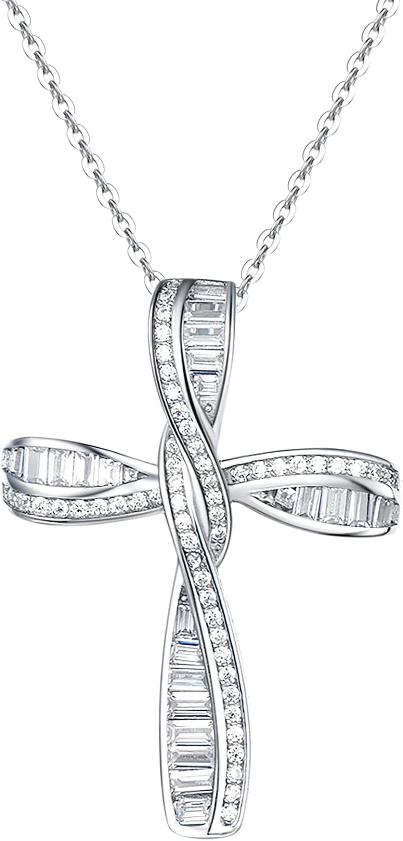 Cross Necklace for Women 925 Solid Sterling Silver Cubic Zirconia Twisted Cross Infinity Loop Princess Pendant Necklace Faithful for Women Girls, 18" Extender