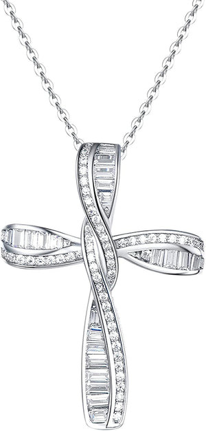 Cross Necklace for Women 925 Solid Sterling Silver Cubic Zirconia Twisted Cross Infinity Loop Princess Pendant Necklace Faithful for Women Girls, 18" Extender
