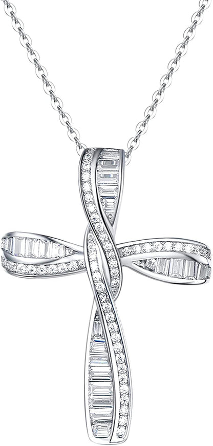 Cross Necklace for Women 925 Solid Sterling Silver Cubic Zirconia Twisted Cross Infinity Loop Princess Pendant Necklace Faithful for Women Girls, 18" Extender