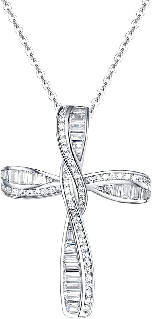 Cross Necklace for Women 925 Solid Sterling Silver Cubic Zirconia Twisted Cross Infinity Loop Princess Pendant Necklace Faithful for Women Girls, 18" Extender
