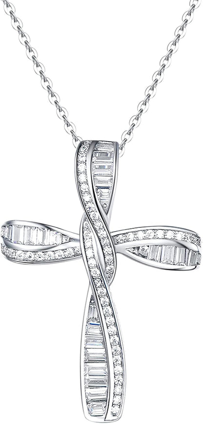 Cross Necklace for Women Sterling Silver Cubic Zirconia Twisted Cross Infinity Open Loop Pendant Gift for Women, 18" Extender