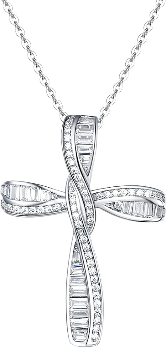 Cross Necklace for Women Sterling Silver Cubic Zirconia Twisted Cross Infinity Open Loop Pendant Gift for Women, 18" Extender