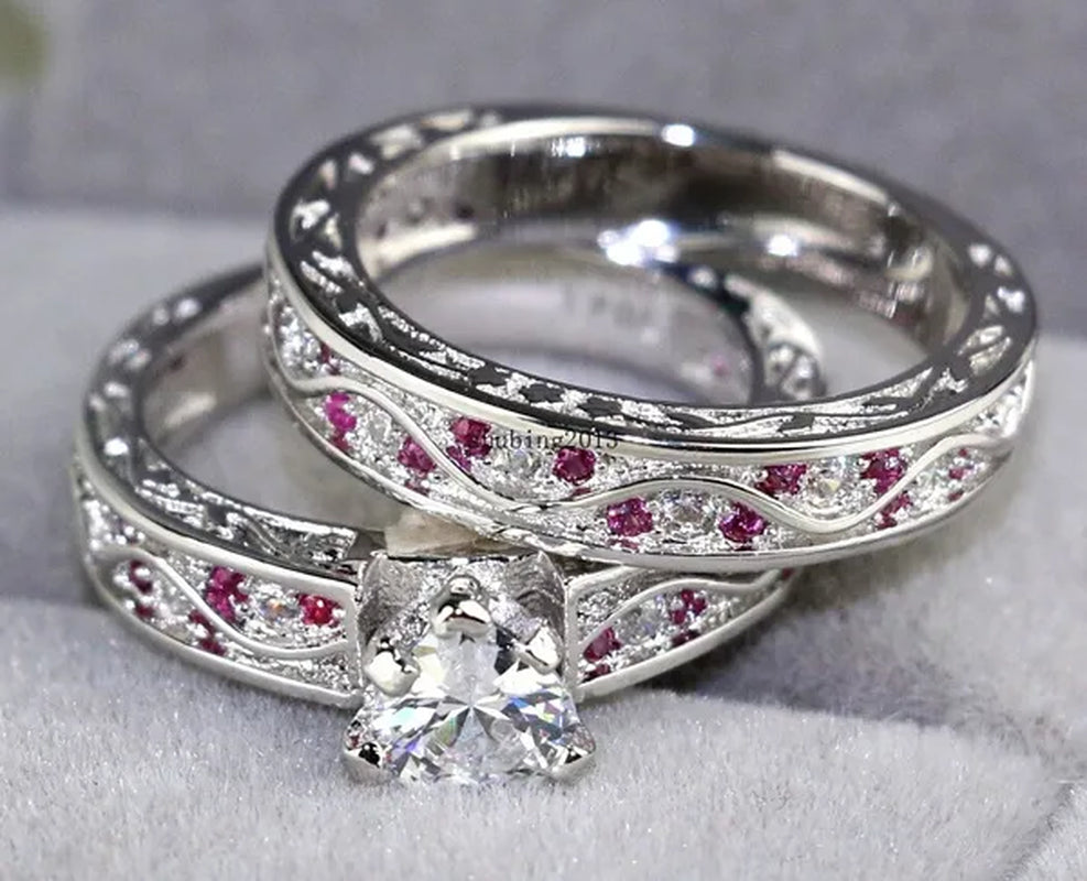 TWO RINGS Sz6-12 Couple Rings His Hers Ruby Heart Shape Cz Womens Ring Tungsten Steel Ring - WORLD TIME VISITS