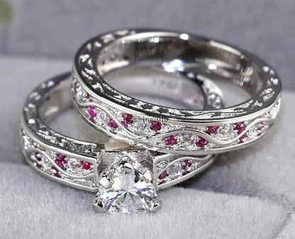 TWO RINGS Sz6-12 Couple Rings His Hers Ruby Heart Shape Cz Womens Ring Tungsten Steel Ring - WORLD TIME VISITS