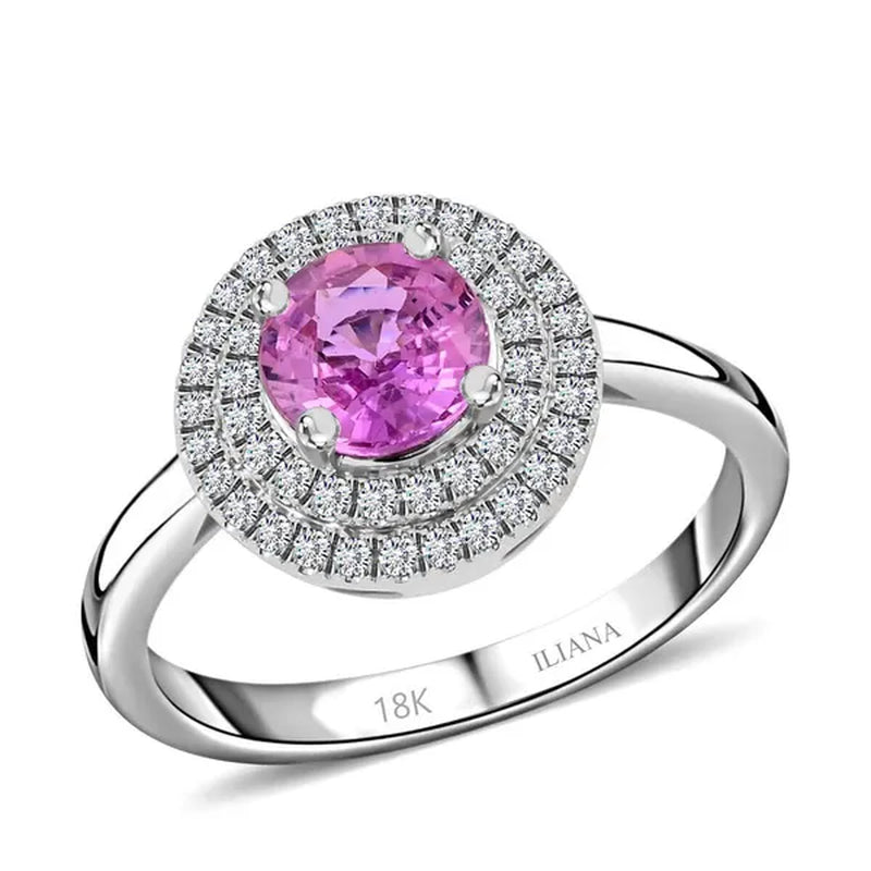 Shop LC Her ILIANA 18K White Gold round AAA Pink Sapphire Birthstone Real Diamond Double Halo Ring Engagement Anniversary Bridal Wedding Gift Ct 1.1 G-H Color Si1 Clarity - WORLD TIME VISITS