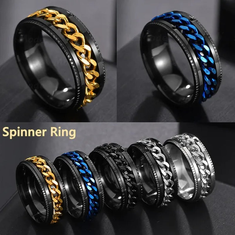 Fashion Punk Stainless Steel 8mm Rings for Men Chain Rings Biker Grooved Edge, Size 6-12 - WORLD TIME VISITS